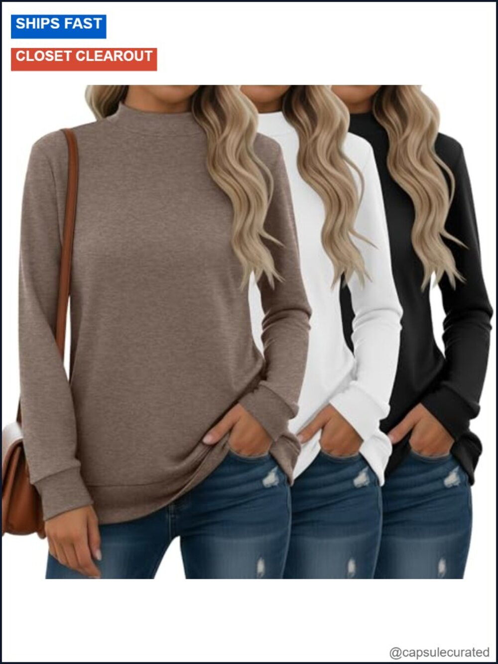3 Pack Mock Neck Sweatshirts Long Sleeve Cotton Blend Women's Pullover Tops
